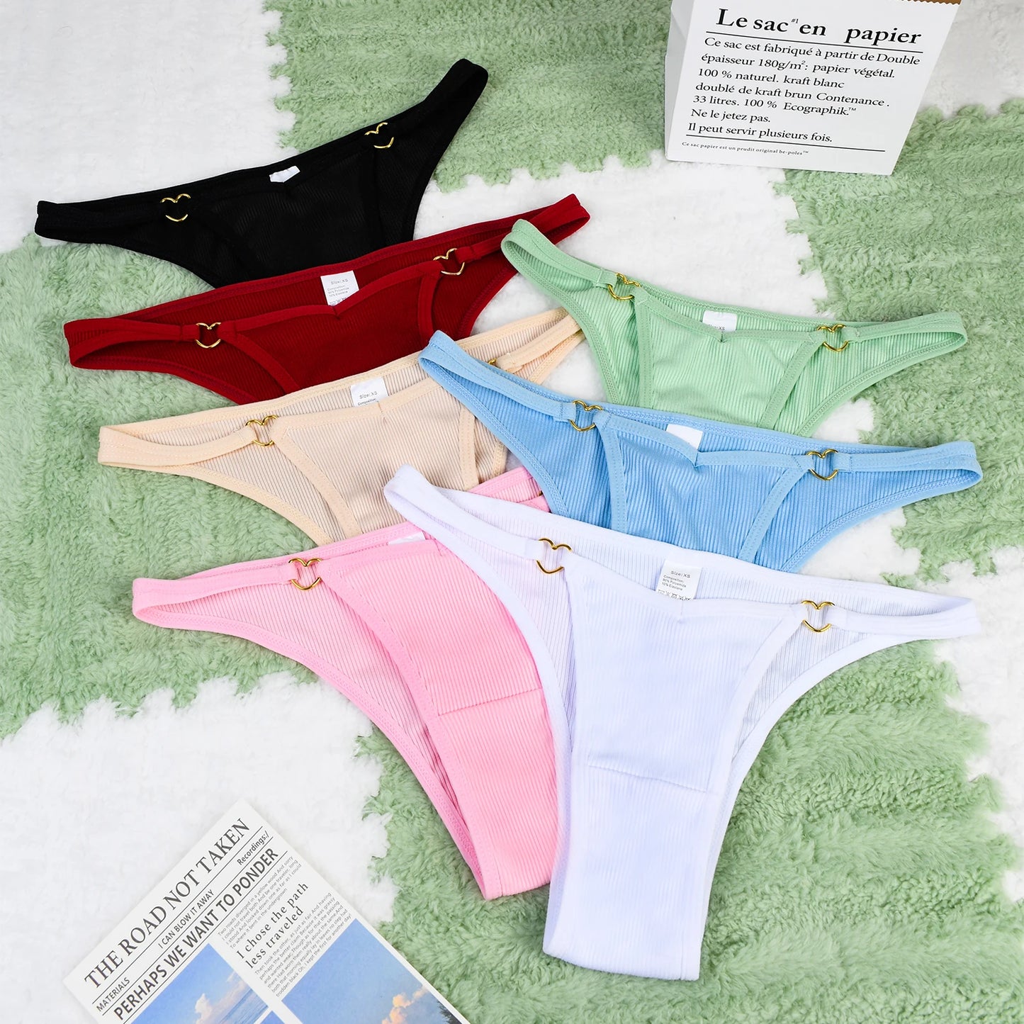 7Pcs Soft Women's Cotton Thong Set, Ribbed Sexy Low-rise Seamless Underwear