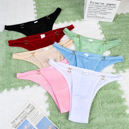 7Pcs Soft Women's Cotton Thong Set, Ribbed Sexy Low-rise Seamless Underwear